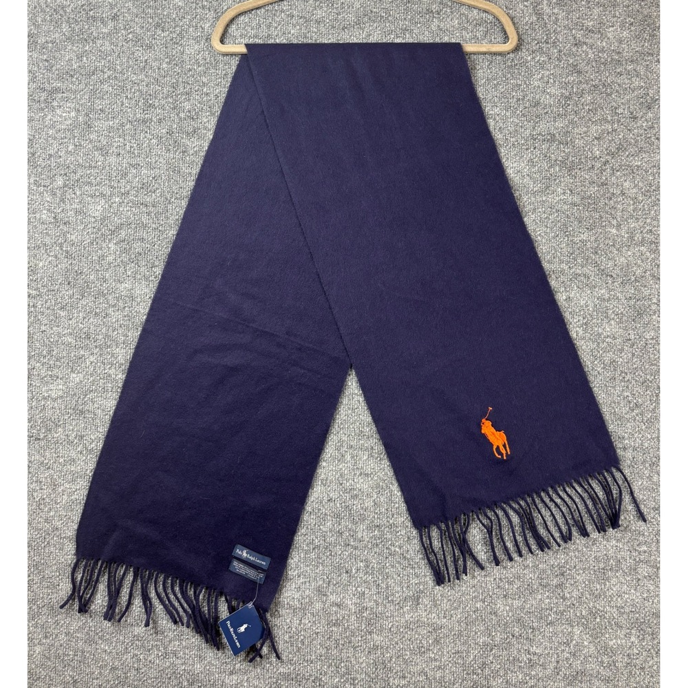 NWT Polo Ralph Lauren Navy Lambswool Scarf Orange Pony‎ Logo Fringe Preppy